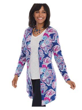 Chicos Floral Cardigan Size 1 The Ultimate Tee Open Front Boho Hippie Cottage
